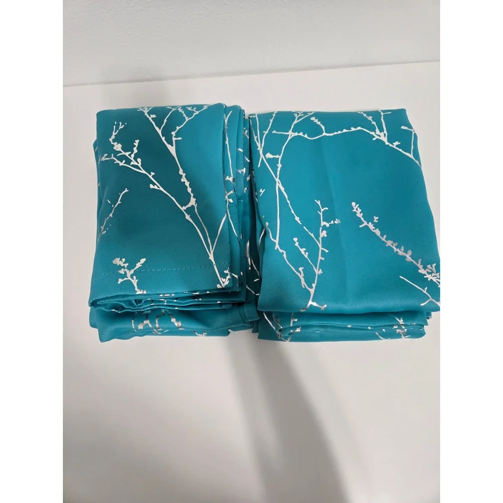 Deconovo Blackout‎ Curtains - Turquoise Silver Blossoming Branch Print 52